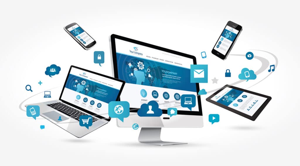 Illustration du développement sur-mesure multi-plateforme : des écrans (desktop, mobile) entourés d'icônes technologiques, représentant la création d'applications web et mobiles.