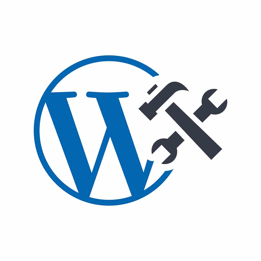 Agence WordPress experte : illustration du logo WordPress avec des outils, symbolisant la maîtrise technique et la personnalisation de projets web.
