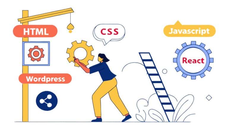 Illustration d'une personne grimpant une échelle des technologies web (HTML, JavaScript, React, CSS, WordPress) vers un logo de partage, symbolisant le processus de refonte de site WordPress.