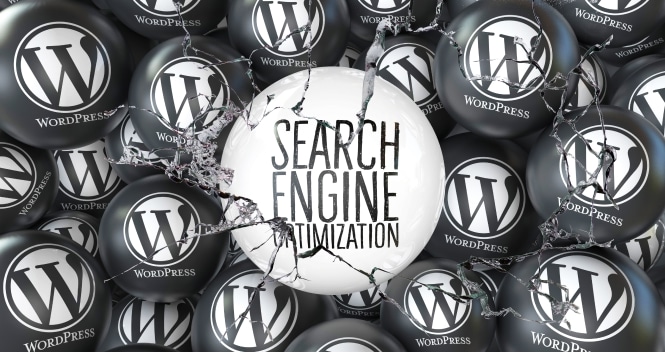 Une refonte site wordpress sans perdre son referencement : illustration d'une sphère SEO sur Wordpress avec une vitre brisée symbolisant le désastre.