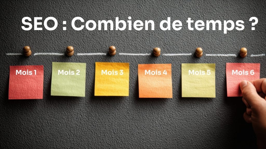Illustration répondant à la question "combien de temps prend le seo ?" avec 6 post-it montrant une chronologie de "Mois 1" à "Mois 6".