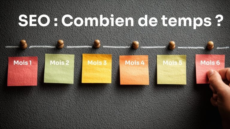 Illustration répondant à la question "combien de temps prend le seo ?" avec 6 post-it montrant une chronologie de "Mois 1" à "Mois 6".