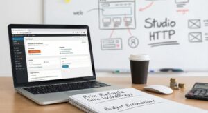 Espace de travail avec un ordinateur affichant le tableau de bord WordPress, une calculatrice, des pièces de monnaie et un carnet de notes "Budget Estimations", illustrant le calcul du prix d'une refonte de site internet.