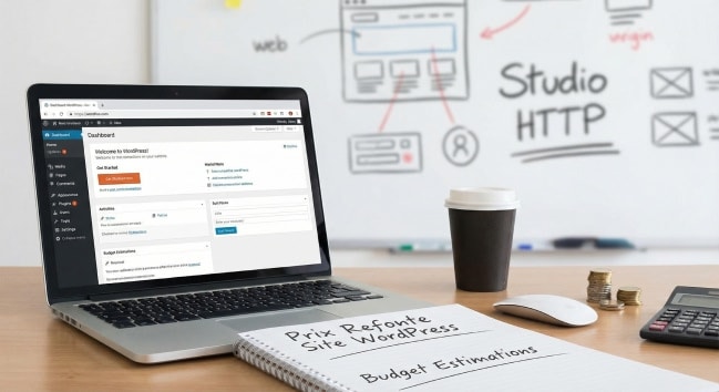 Espace de travail avec un ordinateur affichant le tableau de bord WordPress, une calculatrice, des pièces de monnaie et un carnet de notes "Budget Estimations", illustrant le calcul du prix d'une refonte de site internet.