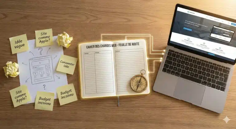 Un carnet de notes ouvert intitulé "Cahier des charges web - feuille de route" avec une boussole posée dessus, reliant des idées vagues sur des post-it à un site web terminé sur un ordinateur portable.