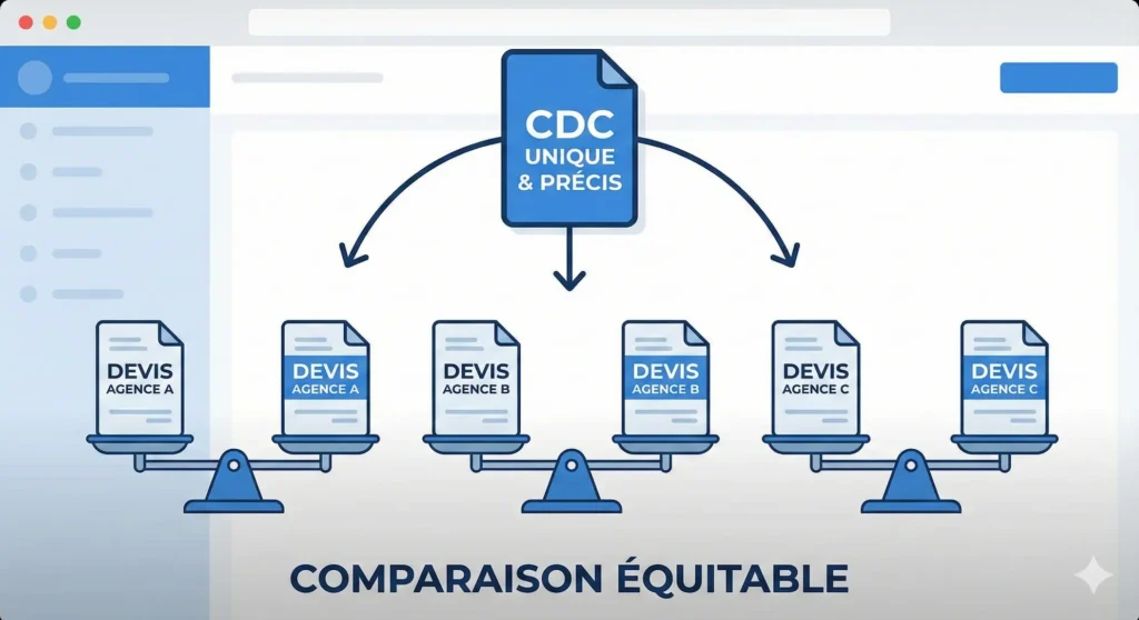 Infographie montrant un cahier des charges unique (CDC) permettant d'obtenir trois devis d'agences parfaitement comparables sur des balances équilibrées.