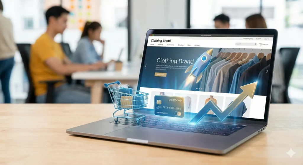 Ordinateur portable affichant une boutique en ligne avec des icônes de croissance, fusée et panier d'achat, symbolisant le lancement réussi d'un site e-commerce.