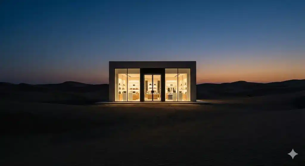 Une boutique de luxe moderne et isolée, illuminée au milieu d'un désert vide au crépuscule, illustrant l'absence de trafic client.