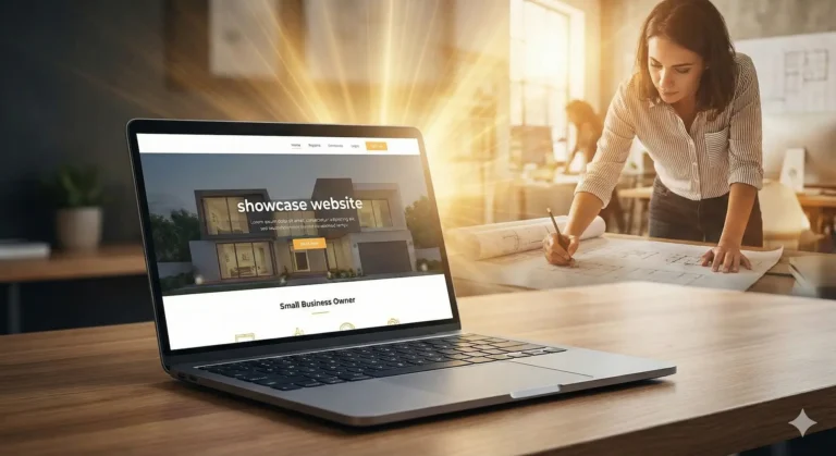Ordinateur portable affichant un site vitrine moderne en superposition avec une architecte au travail, symbolisant la croissance digitale d'une PME.
