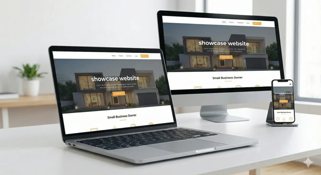 Un ordinateur de bureau, une tablette et un smartphone posés sur un bureau, affichant le même site vitrine avec une mise en page parfaitement adaptée à la taille de chaque écran.