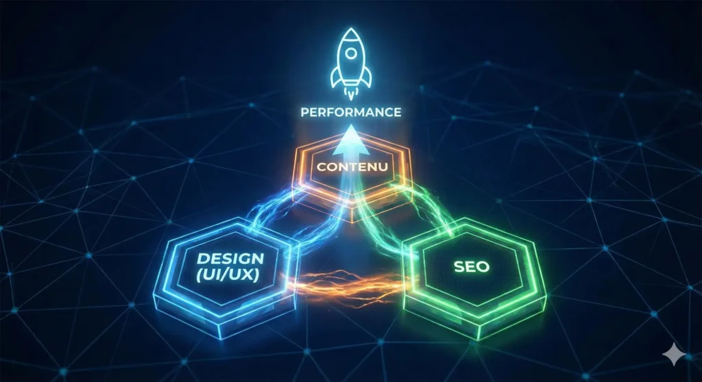 Illustration 3D montrant trois piliers interconnectés : Design UI/UX, Contenu et SEO, dont la synergie propulse la performance d'un site internet.