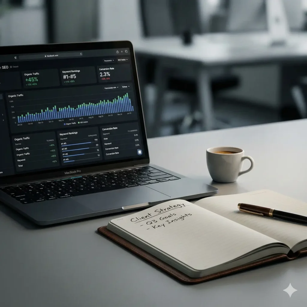 Espace de travail d'un consultant SEO expert analysant une stratégie de référencement sur-mesure.