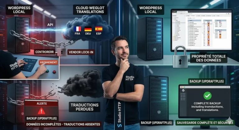 Comparatif technique visuel montrant les risques du cloud externe Weglot pour les traductions WordPress. Côté Weglot : une chaîne verrouillant les traductions dans un cloud dépendant et une sauvegarde UpdraftPlus échouée. Côté WPML : des traductions localement stockées dans une base de données et une sauvegarde complète réussie. Logo Studio HTTP inclus.